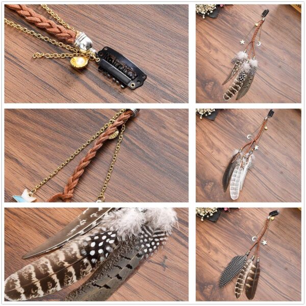 AWAYTR Hippie Feather Hair Extension Clip Bohemia Tribal Indian Peacock Hair Feather Hippie Headpiece Braided Beads Headwear Festival Hair Accessories (3color) - Image 5