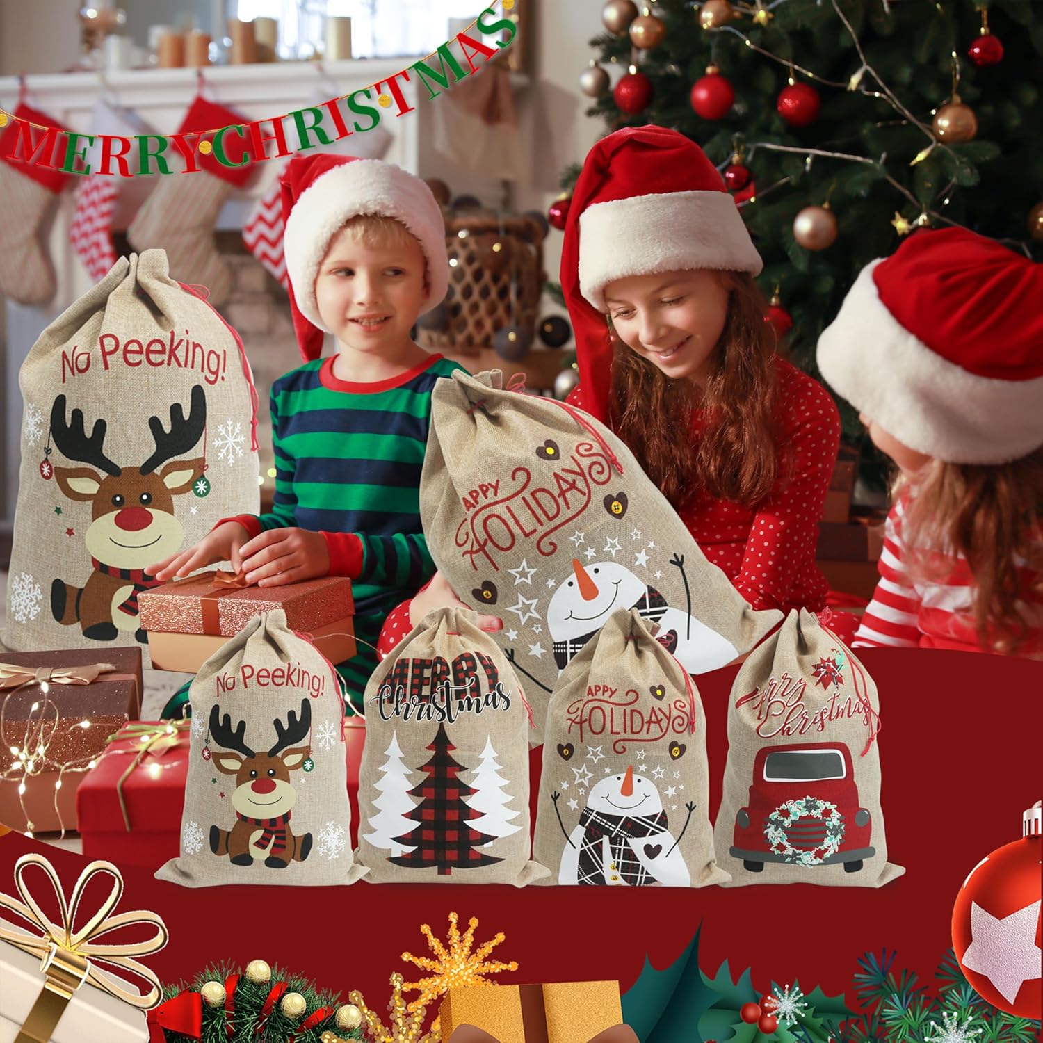 PerFest 13.8'' x 19.7'' Christmas Medium Burlap Sacks – Christmas Hessian Linen Drawstring Goody Gift Bags. 4 Designs : Reindeer, Tree, Car, Snowman. Pack of 4 - Image 7