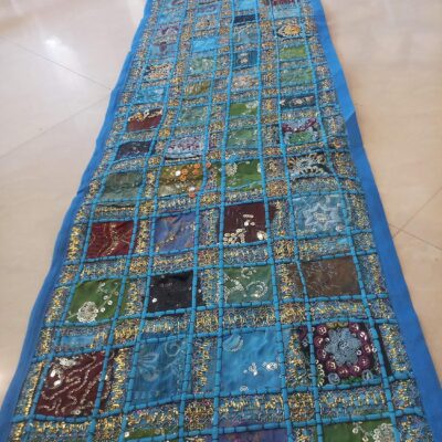 JGARTS Patchwork Embroidered Table Runner - Indian Sequin Cotton Boho Bohemian Hippie Patchwork Runner Tapestry Wall Hanging - Indian Decoration Tapestry Wedding Decor (16 X 72 Inch) (Turquoise)