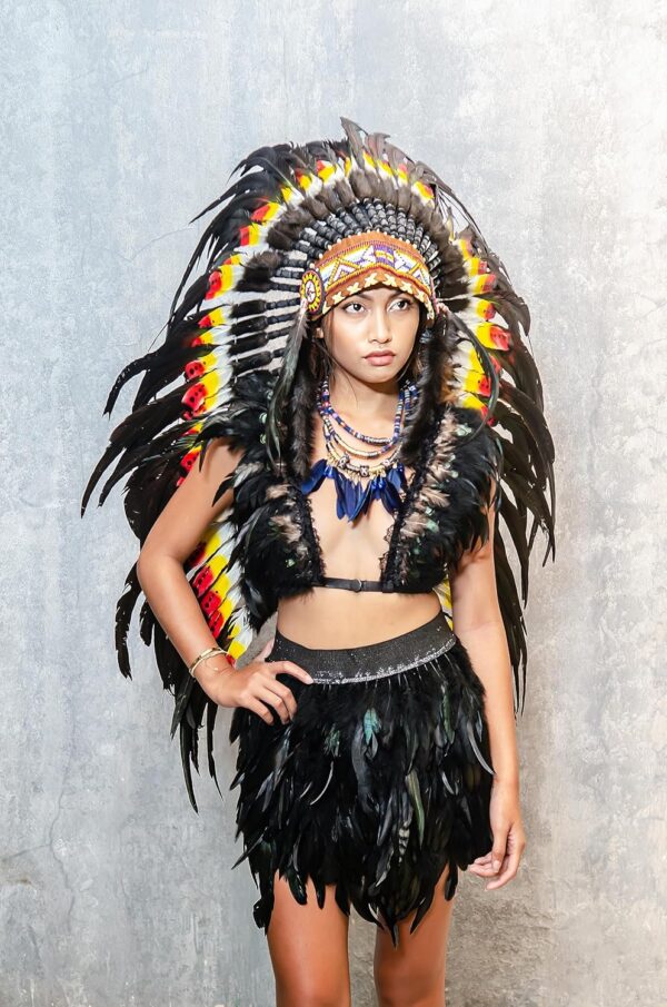 The World Of Feathers Medium Double Feather Headdress Native American Style, Black, ONE SIZE - Image 2