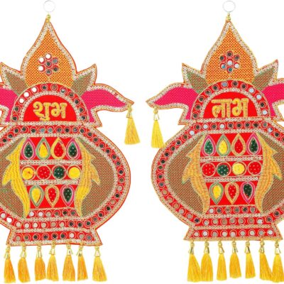 Set of 2 Shubh Labh Handmade Velvet Door Hangings Rajasthani Work Hanging For Home Decoration Latkan Jhumar Torans For Entrance Door Indian Traditional Festival Decoration (Size:-19"X11")(Multicolour)
