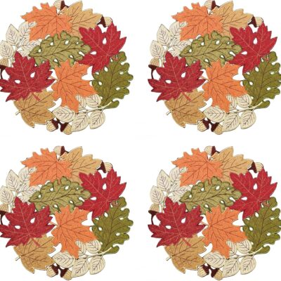 KEVA Fall Placemats Set of 4, 15inch Round Placemats, Fall Decorations for Home, Autumn Maple Leaves Cutwork Embroidered Placemats for Harvest Thanksgiving Holiday Decor