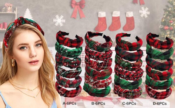6PCs Christmas Knotted Plaid Headbands Fashion Vintage Turban Green Hair Band Retro Wide St. Patrick's Day Headband for Women Girl Christmas Hair Accessories (D-6PCs) - Image 2