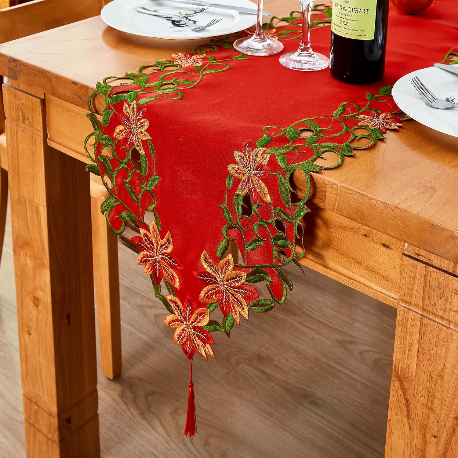 Christmas Embroidered Table Runner Cutwork Green Leaves Holiday Table Linens for Christmas Decorations 15x69 Inch - Image 2