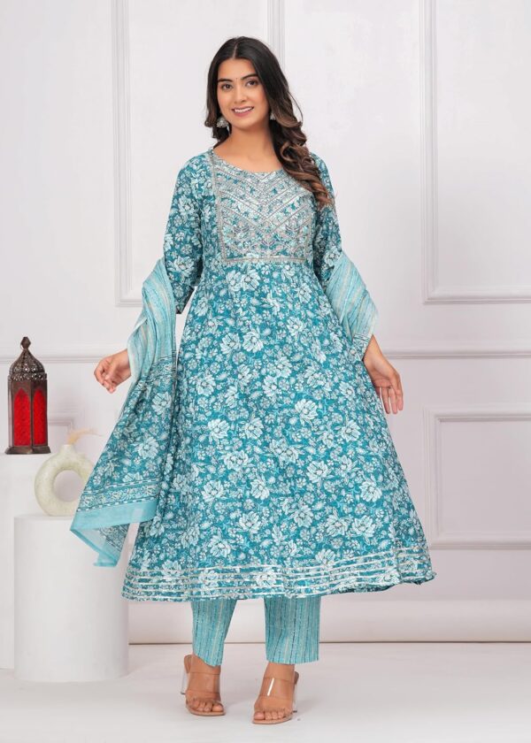Women's Cotton Printed Anarkali Kurta with Palazzo Pants and Dupatta Set - Image 2