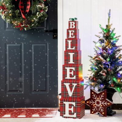Glitzhome 42" H Wooden Double-Sided Wording Believe Porch Decor Wooden Decorative Nesting Letter Block Set Porch Sign 7 Nesting Boxes with Lids for Christmas Decorations