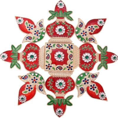 Handcrafted Decorative Diwali Rangoli Set -Multicolor Meenari Rangoli with White Kundan Decorations (Set of 9)