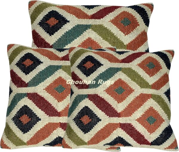 3 PCS Set of Vintage Decor Hand-Loom Design Square Jute Rug Pillow Kilim Cushion Cover 18x18 Beautiful Handmade Jute Rug