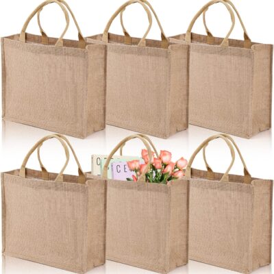 DEAYOU 6 Pack Jute Tote Bag, Burlap Gift Tote with Handle, Grocery Shopping Bag for DIY, Wedding,15.4''x12.2''x5.9''