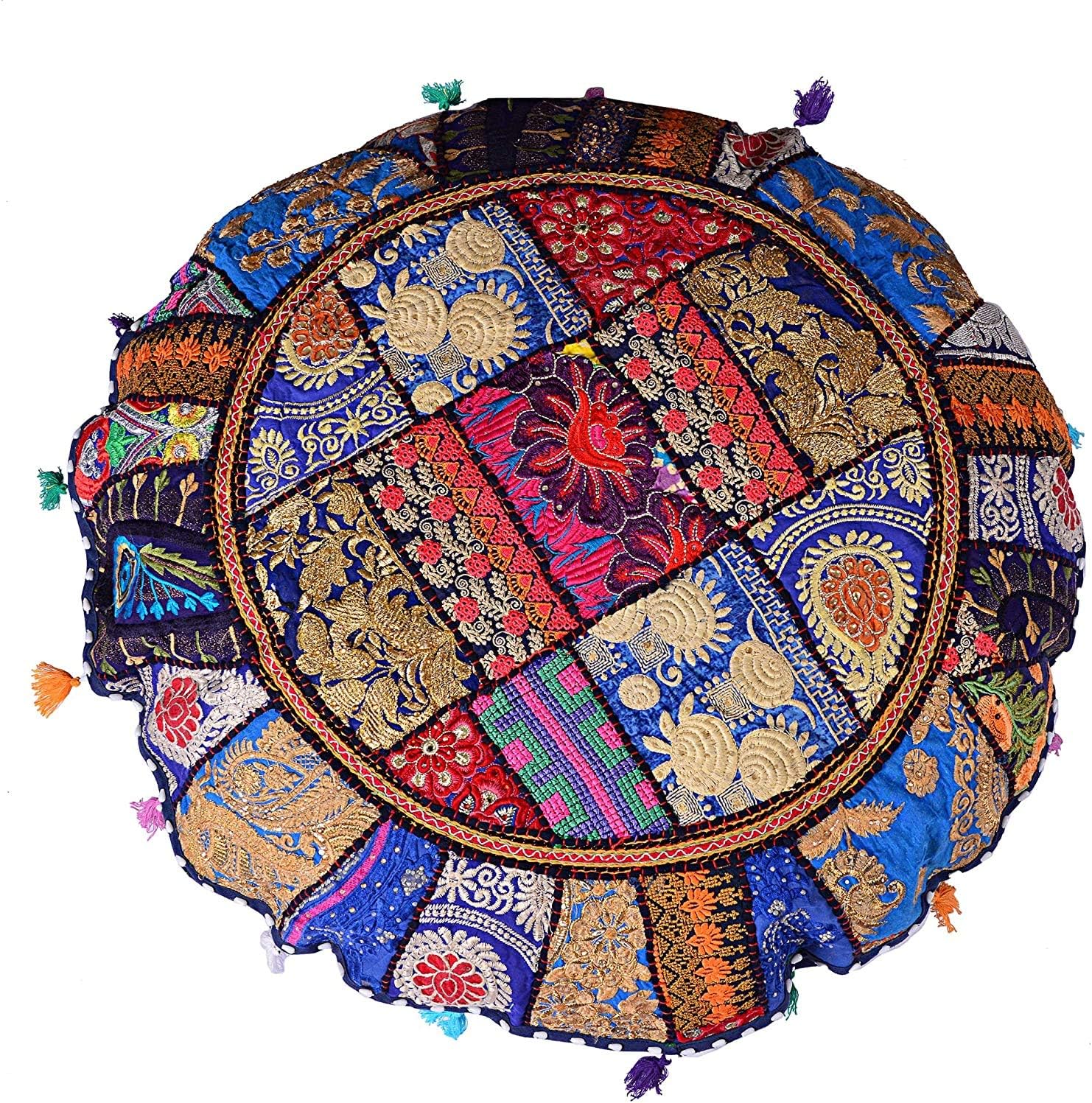Indian Handmade Patchwork Codework Round Pouf Cover Ottoman Floor Pillow Cushion Seating Throw Decorative Pom Pom Pillow Cases Boho 32 Inches Royal Blue BFPC0105 - Image 2