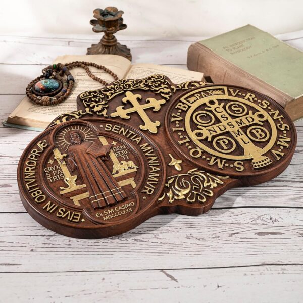 Wooden Saint Benedict Plaque, St Benedict Medal Wall Decor Wall Art, Handmade Wall Hanging Sign, Religious Wall Plaque for Living Room Bedroom Kitchen - 12 Inch - Image 7