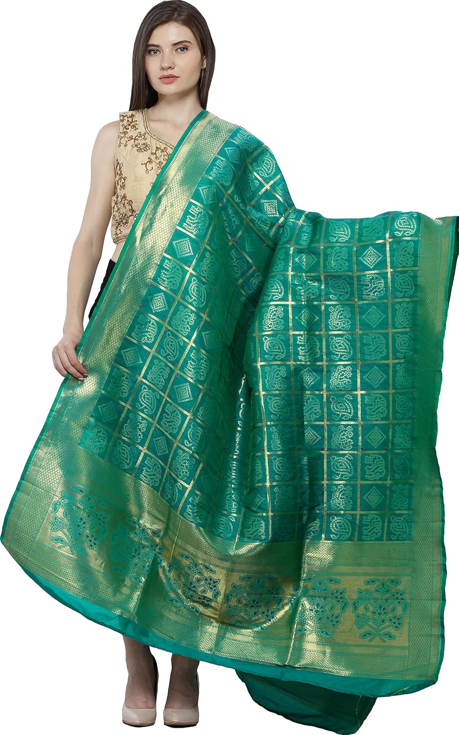 Exotic India Bandhani Gharchola Dupatta with Zari Weave and Brocaded Border - Art Silk
