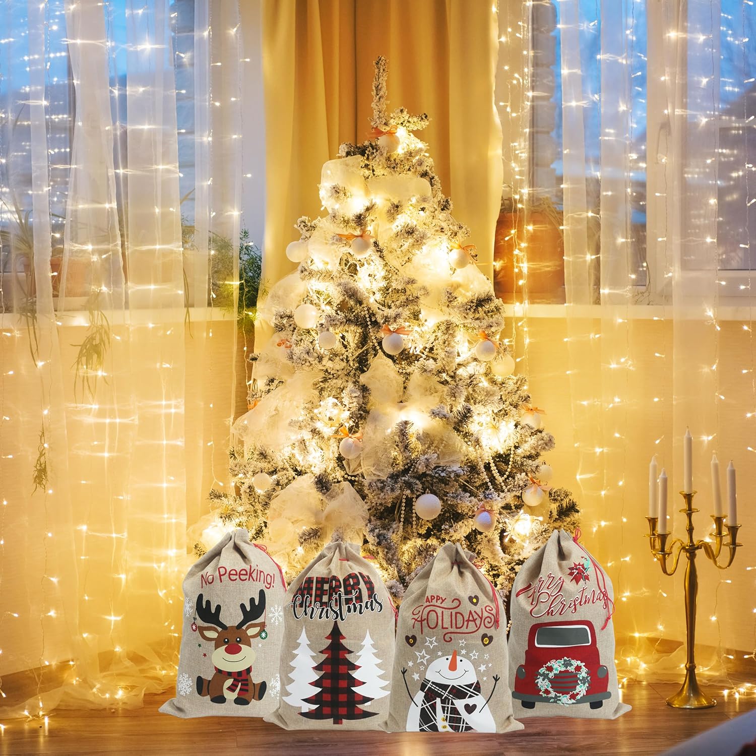 PerFest 13.8'' x 19.7'' Christmas Medium Burlap Sacks – Christmas Hessian Linen Drawstring Goody Gift Bags. 4 Designs : Reindeer, Tree, Car, Snowman. Pack of 4 - Image 8