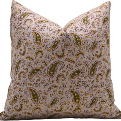 Handloom Block Print Pure Linen 18X18 Throw Pillow Case Cushion Cover for Sofa, Couch and Bed, Fall Decoration, Farmhouse, Outdoor, Living Room, Home Décor, Kari, Green