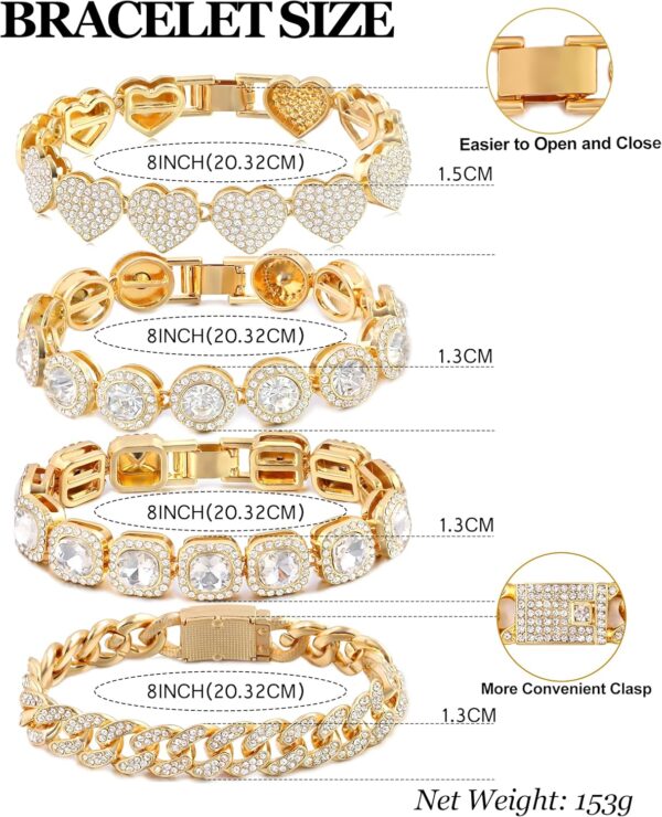 4PCS Gold Bracelets for Women Silver Clustered Tennis Bracelet for Women Heart Round Diamond Cuban Bracelet Layered Link Bracelet Set Fashion Jewelry for Women Set - Image 7