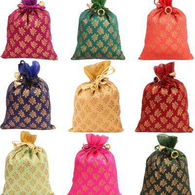 Touchstone Drawstring Bags Traditional Indian Handcrafted in Mimosa leaf Pattern Brocade fabric. Perfect for Gifts Jewelry Weddings Sweet Distribution Set of 9 Vibrant Multicolor Pouches Purses Potli