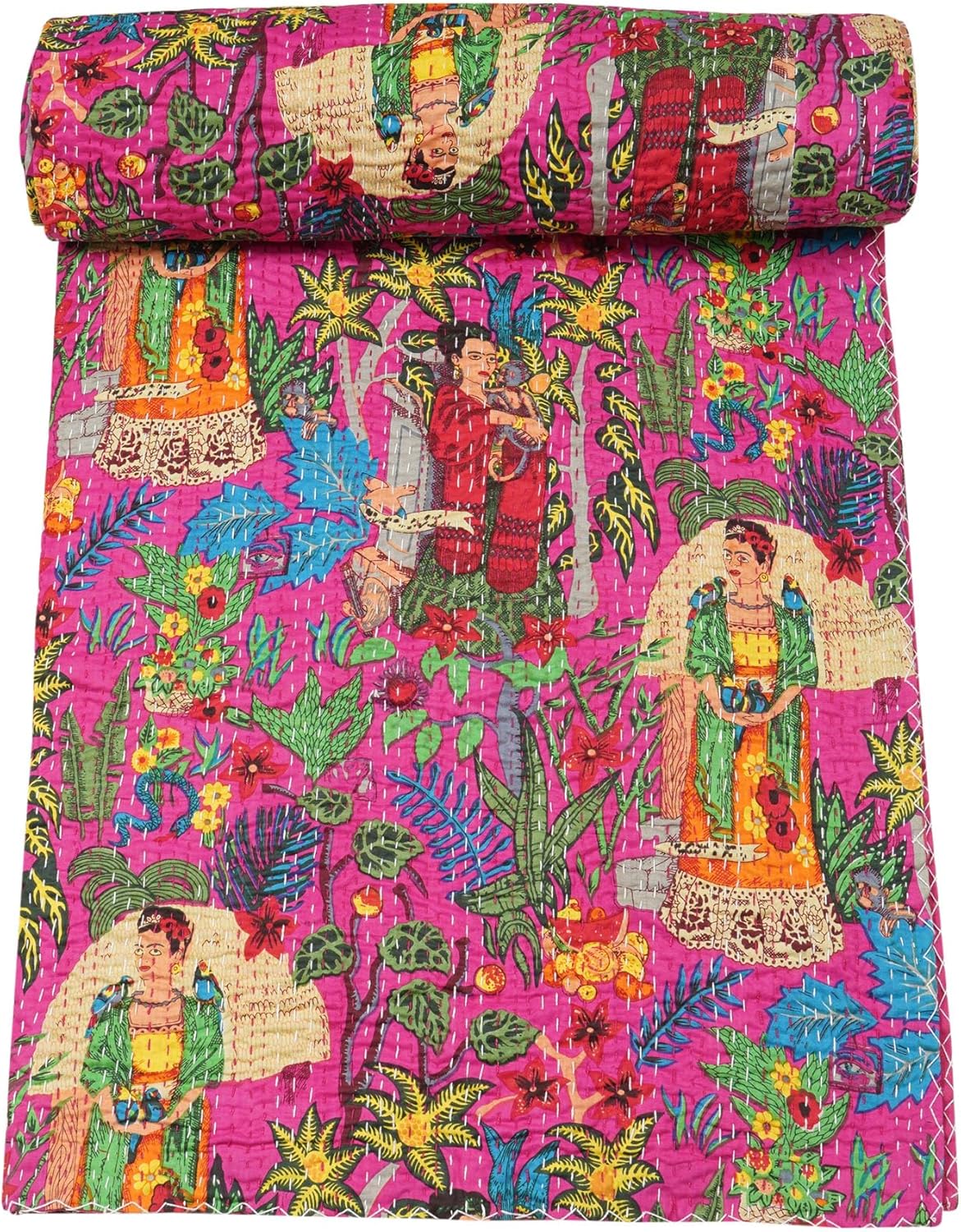 Marubhumi Quilts Indian Handmade, Reversible, Vintage Kantha Quilt, Comforter, Cotton Bedding Bedspread, Dark Pink, Queen - 90 x 108 Inches