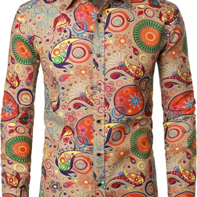 Men's Cotton Linen 70s Disco Retro Traditional Pattern Printed Long Sleeve Button Down Shirt