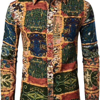 Men's Cotton Linen 70s Disco Retro Traditional Pattern Printed Long Sleeve Button Down Shirt