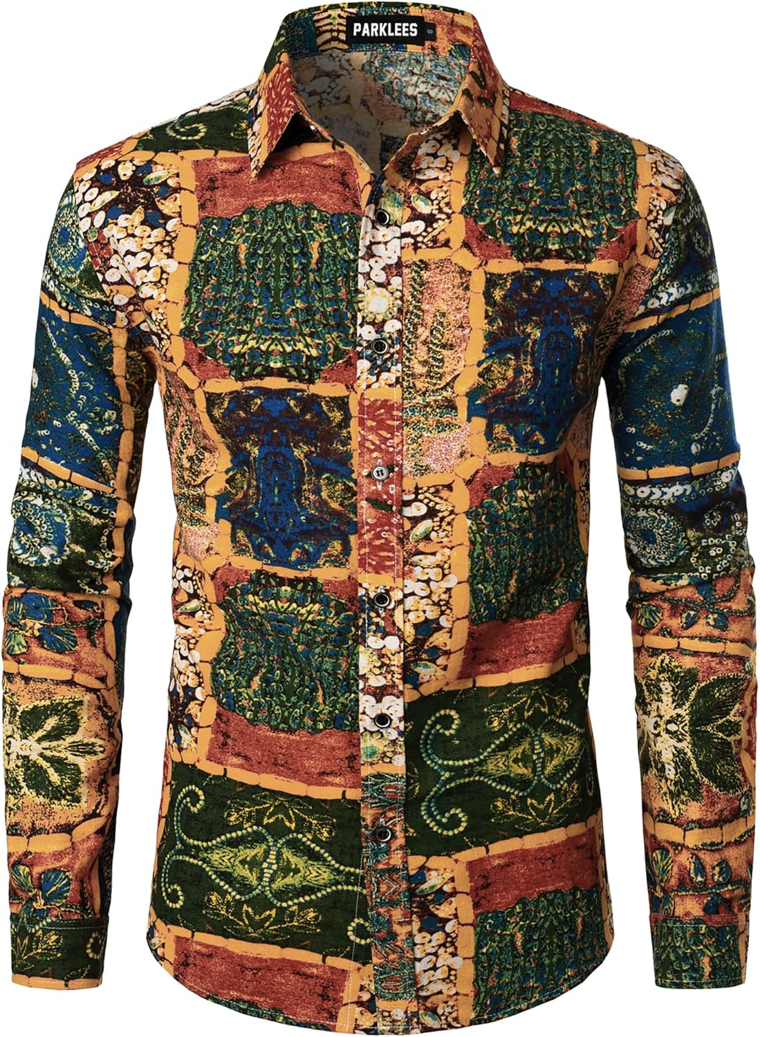Men's Cotton Linen 70s Disco Retro Traditional Pattern Printed Long Sleeve Button Down Shirt
