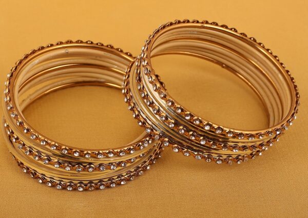Touchstone "Colorful Collection Indian Bollywood Alloy Single Line Clear Rhinestone and Textured Color Bangle Bracelets Set of 18 in Antique Gold Tone for Women. - Image 3
