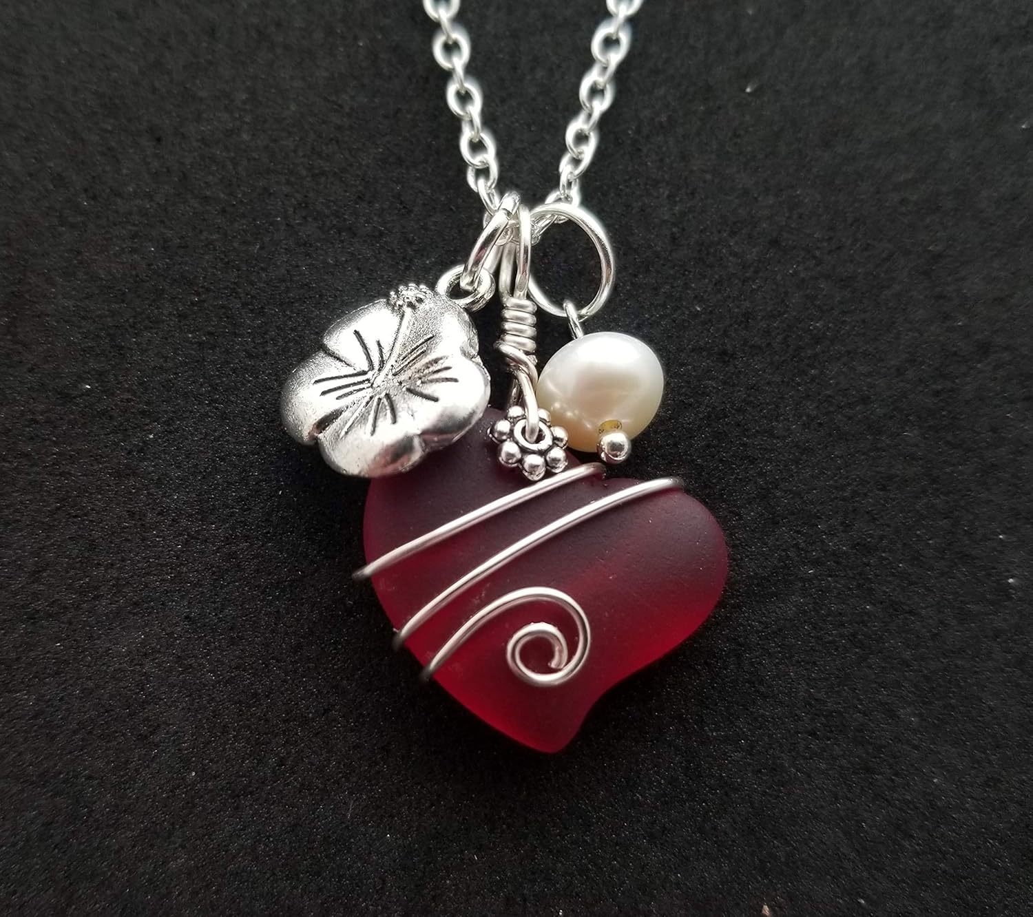 Handmade in Hawaii, Ruby Red Heart Sea Glass wire wrap Necklace, Hibiscus and Natural pearl,"July Birthstone", (Hawaii Gift Wrapped, Customizable Gift Message) (Non-Personalized) - Image 4