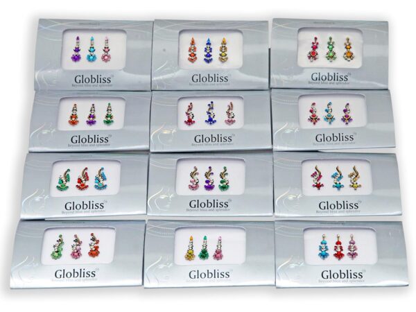 6 Packs with 18 Long Indian Bindis face Gems Forehead Sticker Silver Golden Colorful - Image 7