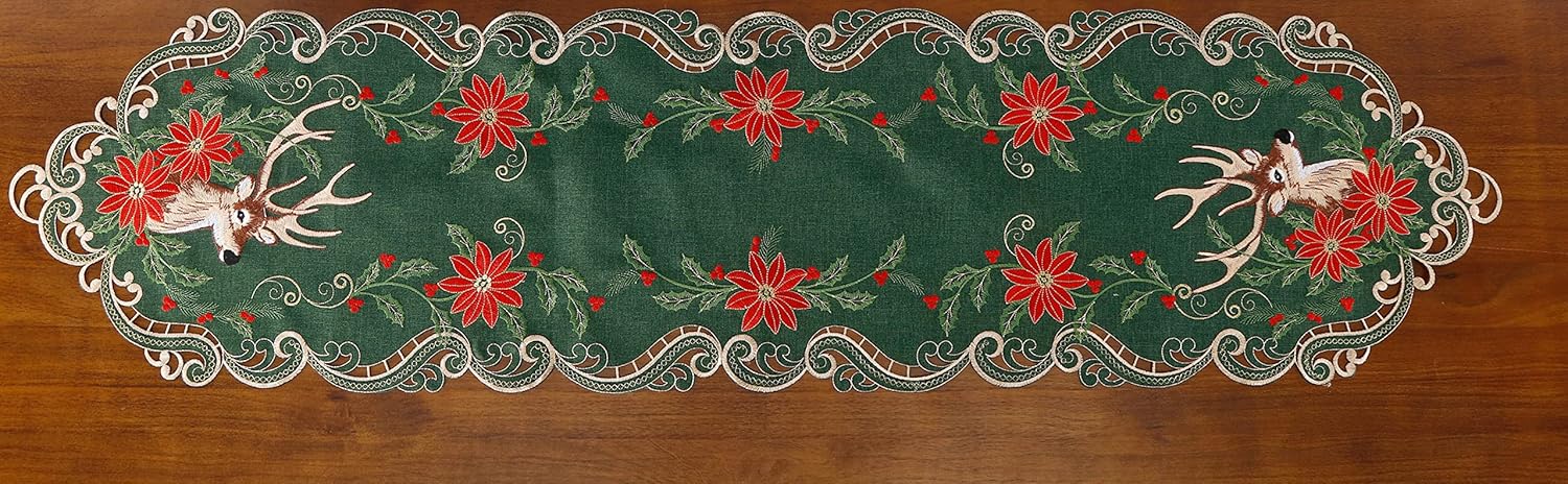 GRANDDECO Christmas Deer Table Runner for Farmhouse Holiday Parties, Embroidered Christmas Flower Table Runner Dresser Scarves Xmas Home Kitchen Dinner Table Decoration 13X54 inches - Image 5