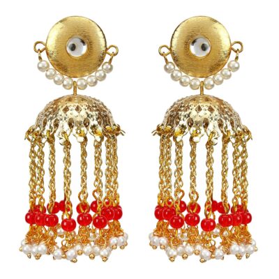 Red Beads Golden Jhumki Kundan Studs Dangling Earrings Kundan Golden Jhumka Handmade Earrings Indian Traditional Look Wedding Jewelry For Ethnic Outifit Designer Indian Earrings