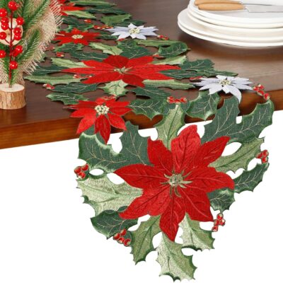 GRANDDECO Christmas Holiday Table Runner for Farmhouse Parties Embroidered Red Christmas Flower Dresser Scarves Xmas Home Kitchen Dinner Table Decoration (Table Runner 13X54(33X137cm), Red)