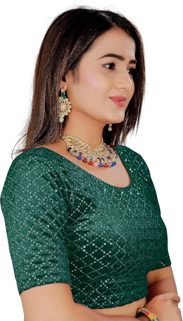 KNETLI Velvet Readymade Small Checks Blouse -Stretchable,Round Neck,Half Sleeve - Image 3