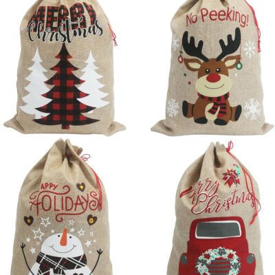 PerFest 13.8'' x 19.7'' Christmas Medium Burlap Sacks – Christmas Hessian Linen Drawstring Goody Gift Bags. 4 Designs : Reindeer, Tree, Car, Snowman. Pack of 4