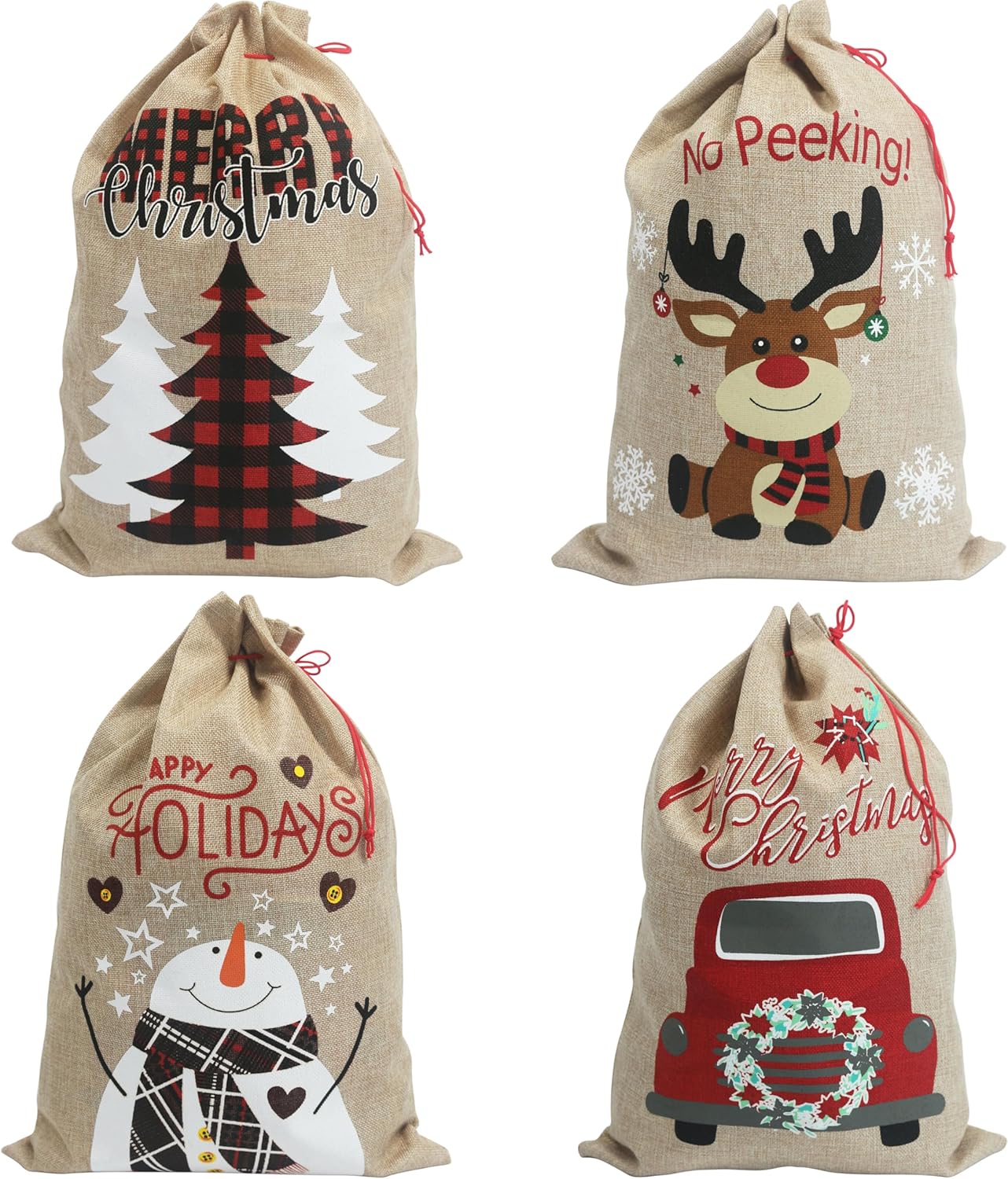 PerFest 13.8'' x 19.7'' Christmas Medium Burlap Sacks – Christmas Hessian Linen Drawstring Goody Gift Bags. 4 Designs : Reindeer, Tree, Car, Snowman. Pack of 4