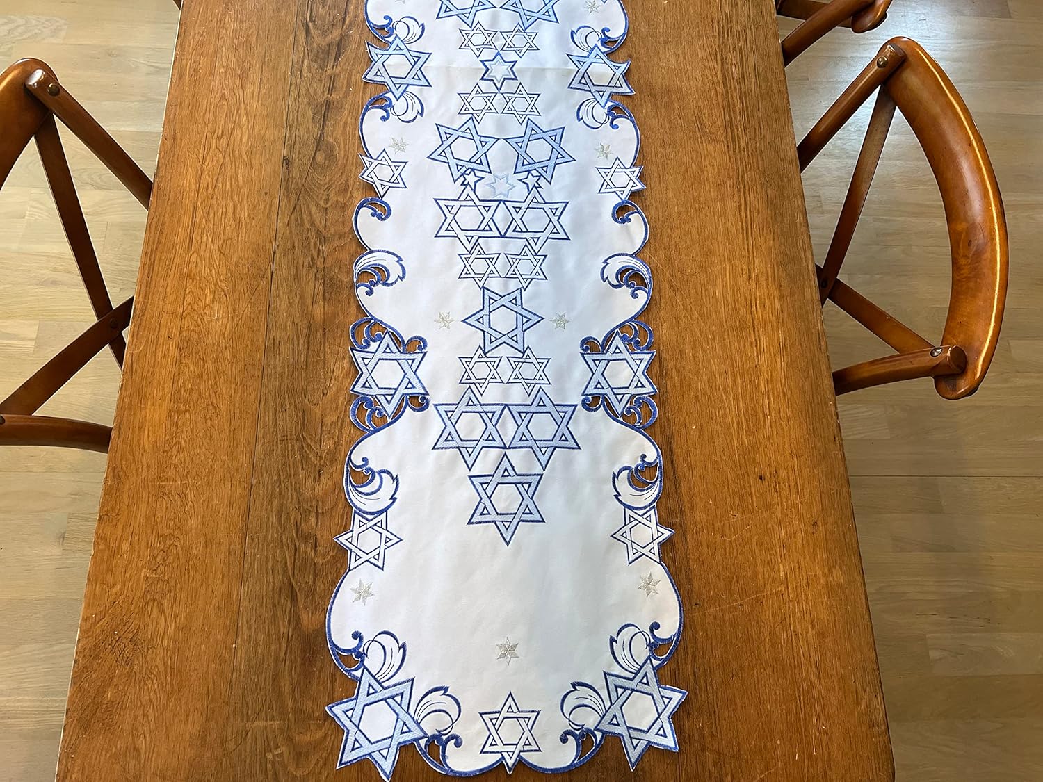 Holiday Star of David Purim Passover Jewish Table Runner Topper Blue Embroidered Cut Work Topper Linen Decorations (16" x 36") - Image 3