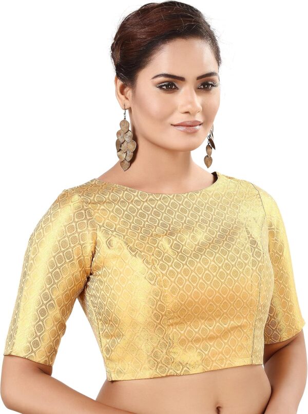 Women's Traditional Rich Golden Banarasi Brocade Stitched Readymade Saree Blouse - Image 2