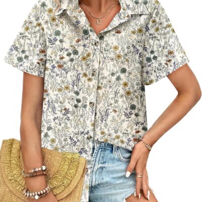 HOTOUCH Cotton Linen Button Down Shirt for Women V Neck Collared Blouse Casual Short Sleeve Tops with Pocket