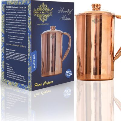 Indian Art Villa Handmade Pure Copper Jug Pitcher storage drinking Water Indian Yoga, Ayurveda, 54 OZ