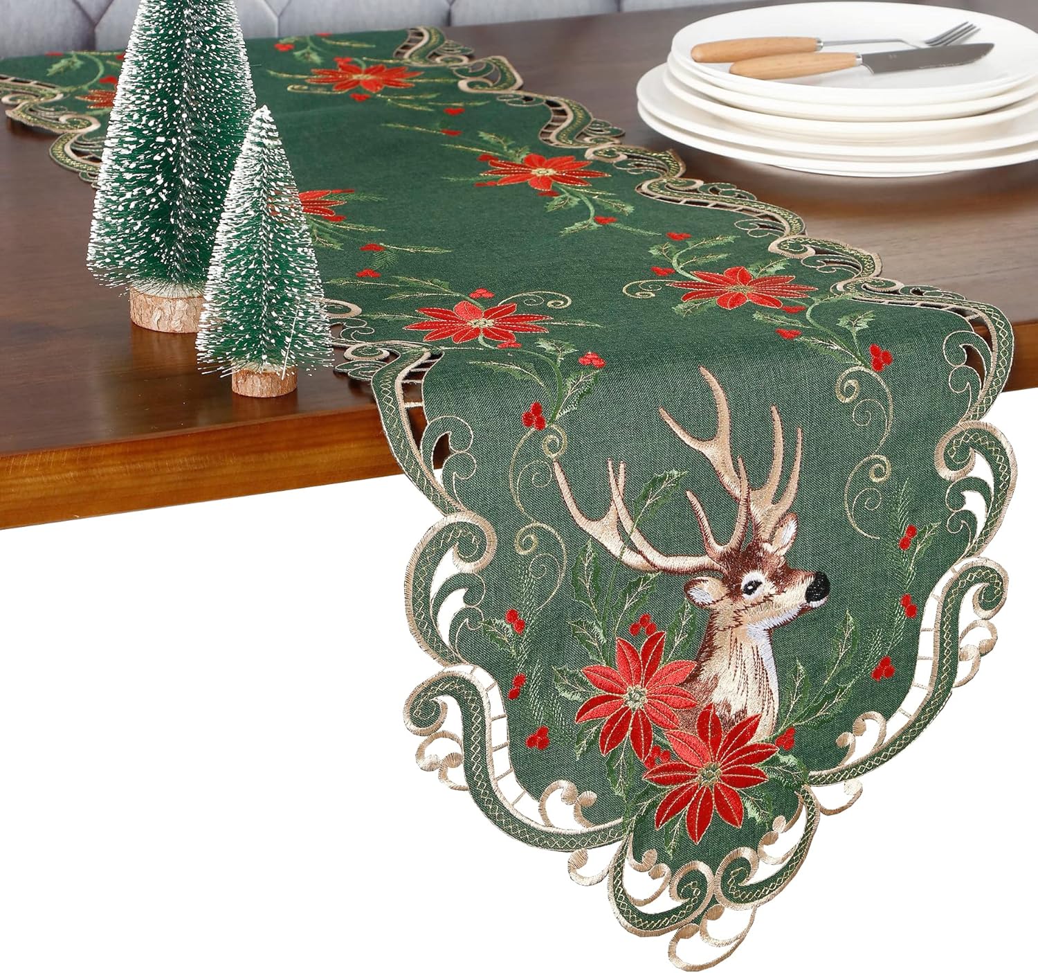 GRANDDECO Christmas Deer Table Runner for Farmhouse Holiday Parties, Embroidered Christmas Flower Table Runner Dresser Scarves Xmas Home Kitchen Dinner Table Decoration 13X54 inches - Image 2