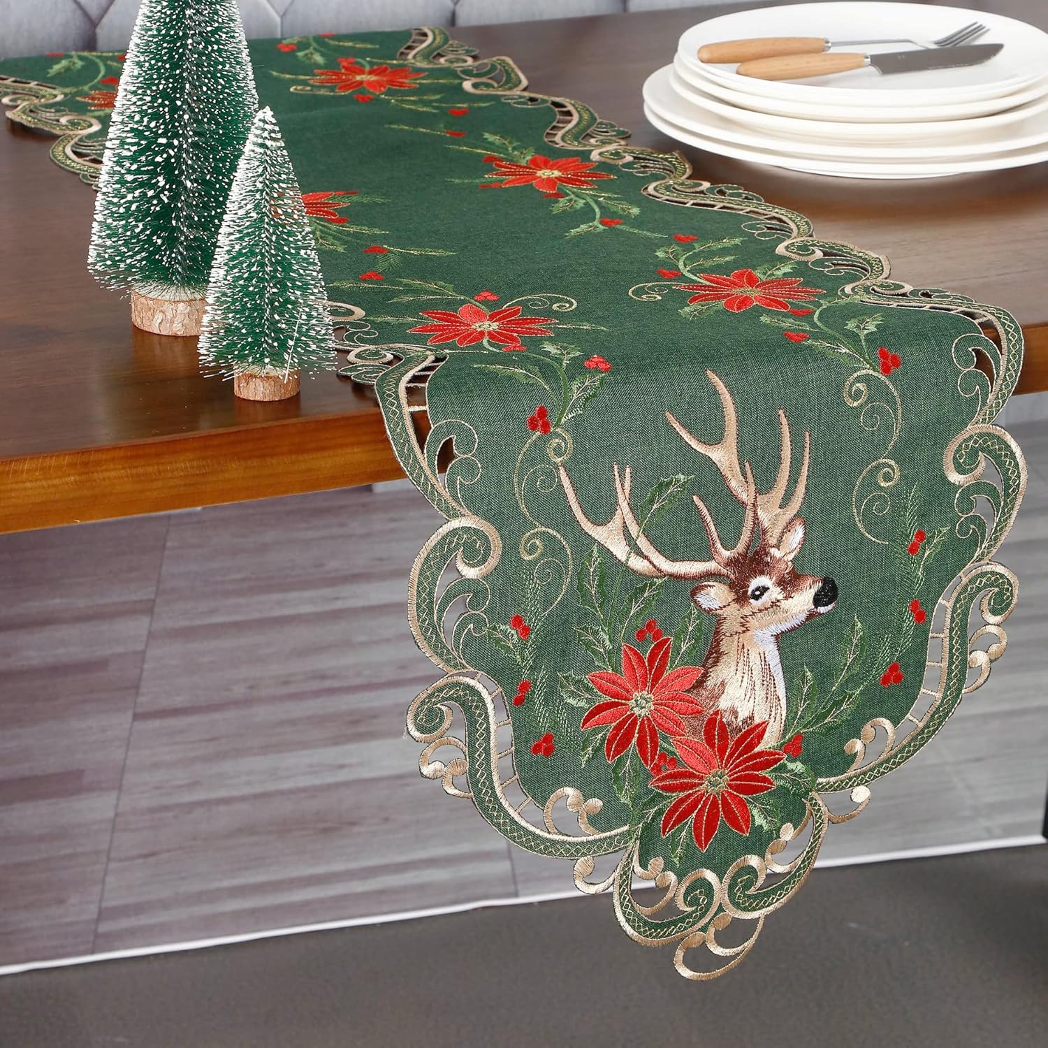 GRANDDECO Christmas Deer Table Runner for Farmhouse Holiday Parties, Embroidered Christmas Flower Table Runner Dresser Scarves Xmas Home Kitchen Dinner Table Decoration 13X54 inches - Image 7