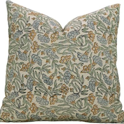 Handmade Block Print Cotton Satin 16x16 Inches Decorative Throw Pillowcase Cushion Cover with Invisible Zipper for Sofa, Couch, Christmas, Fall Decoration Seasons, Thorny Stems, Light Orange