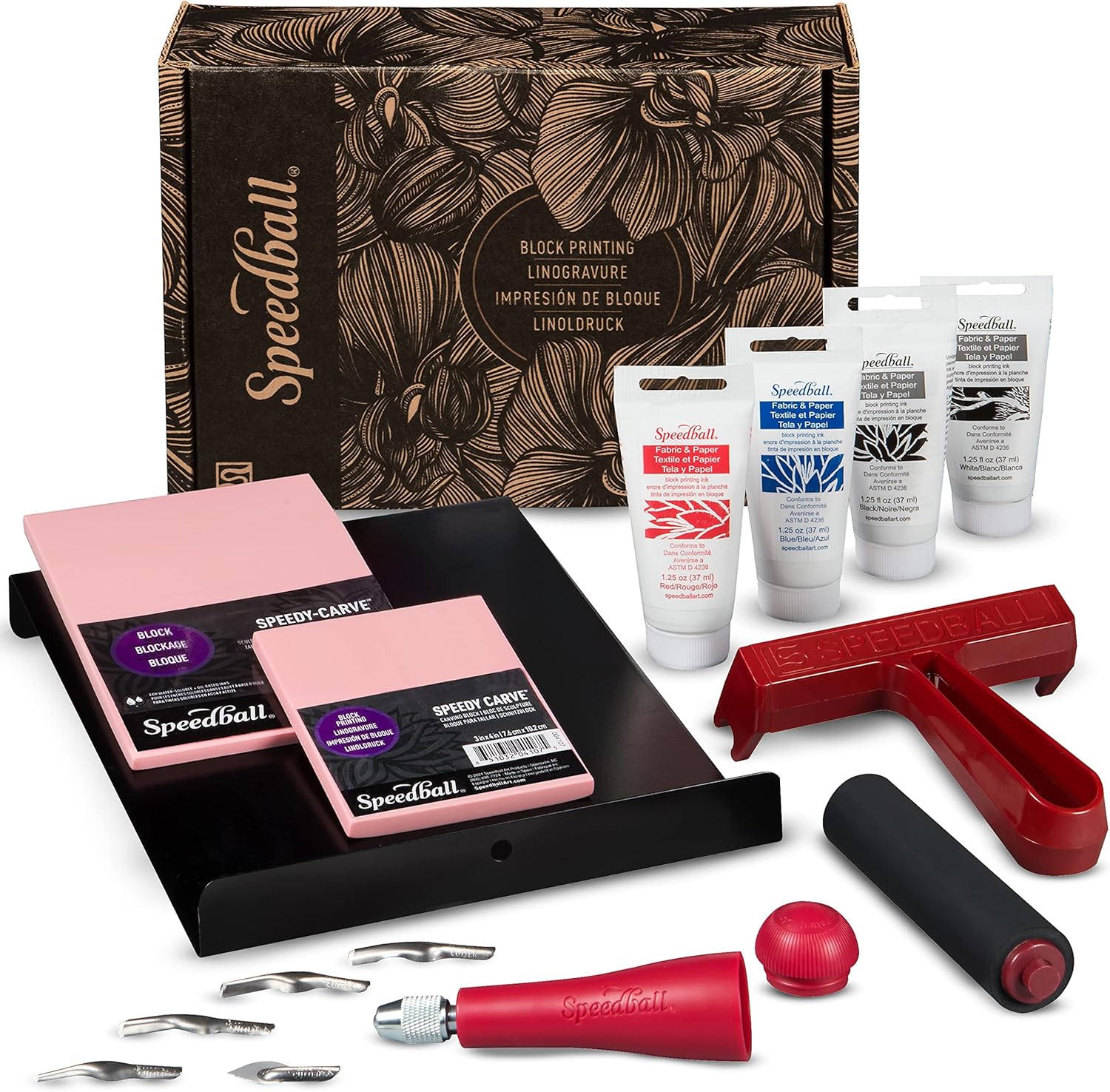 Speedball Block Printing Fabric Deluxe Kit, 14 Pieces, Includes Inks, Brayer, Bench Hook, Lino Handle and Cutters, Speedy-Carve Relief Blocks
