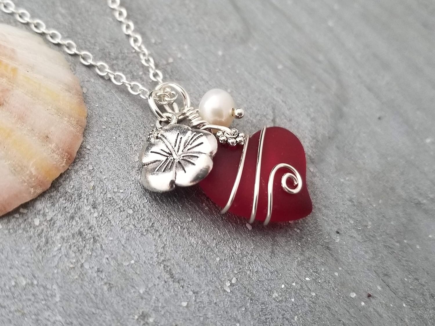 Handmade in Hawaii, Ruby Red Heart Sea Glass wire wrap Necklace, Hibiscus and Natural pearl,"July Birthstone", (Hawaii Gift Wrapped, Customizable Gift Message) (Non-Personalized) - Image 6