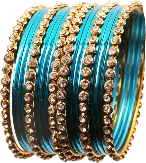 Touchstone "Colorful Collection Indian Bollywood Alloy Single Line Clear Rhinestone and Textured Color Bangle Bracelets Set of 18 in Antique Gold Tone for Women.