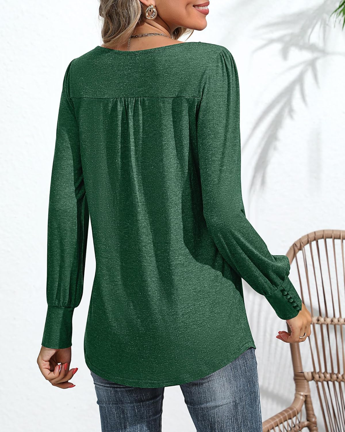 Ficerd Women's Puff Long Sleeve Tunic Tops Pleated Crew Neck Blouses Dressy Casual Loose Fit Winter and Spring Shirts - Image 2