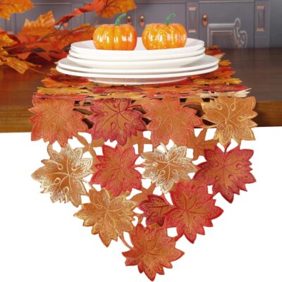 GRANDDECO Fall Thanksgiving Table Runner 13X54 with Cutwork Embroidered Maple Leaves, Autumn Harvest Table Decorations for Thanksgiving Party Holiday Dinner and Daily Use-Coffee