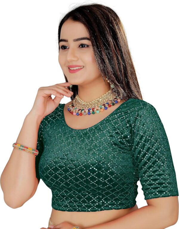 KNETLI Velvet Readymade Small Checks Blouse -Stretchable,Round Neck,Half Sleeve - Image 4