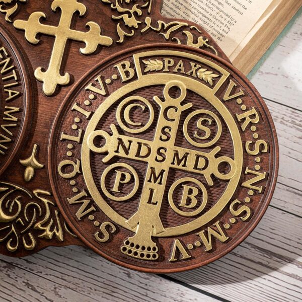 Wooden Saint Benedict Plaque, St Benedict Medal Wall Decor Wall Art, Handmade Wall Hanging Sign, Religious Wall Plaque for Living Room Bedroom Kitchen - 12 Inch - Image 5