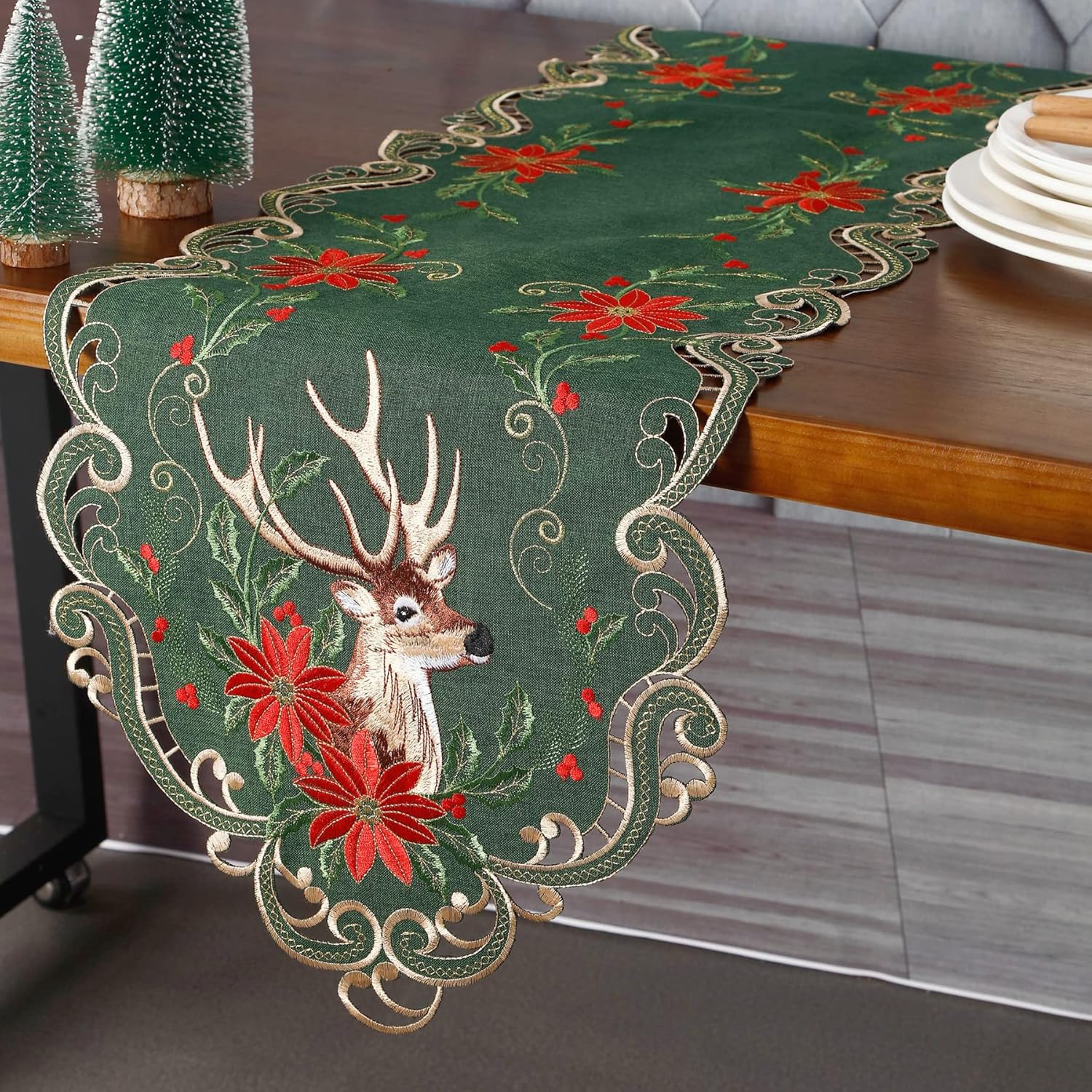 GRANDDECO Christmas Deer Table Runner for Farmhouse Holiday Parties, Embroidered Christmas Flower Table Runner Dresser Scarves Xmas Home Kitchen Dinner Table Decoration 13X54 inches - Image 3