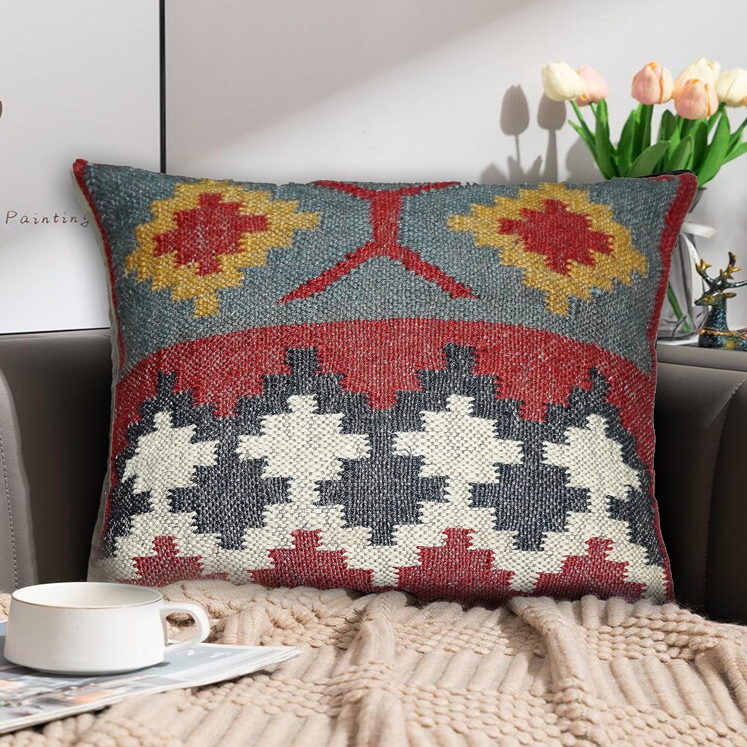 Handmade Wool Jute Cushion Cover - Indian Handloom Comfort, Unique Traditional Fits 18x18 Inchs Cushion. Multicolor
