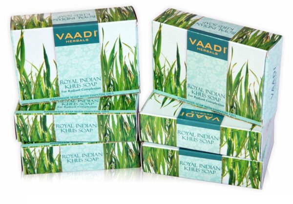 Vaadi Herbals Vetiver Soap (Royal Indian Khus Bar Soap) with Olive and Soybean Oil - Handmade Herbal Soap with 100% Pure Essential Oils - ALL Natural - Each 2.65 Ounces - Pack of 6 (16 Oz)